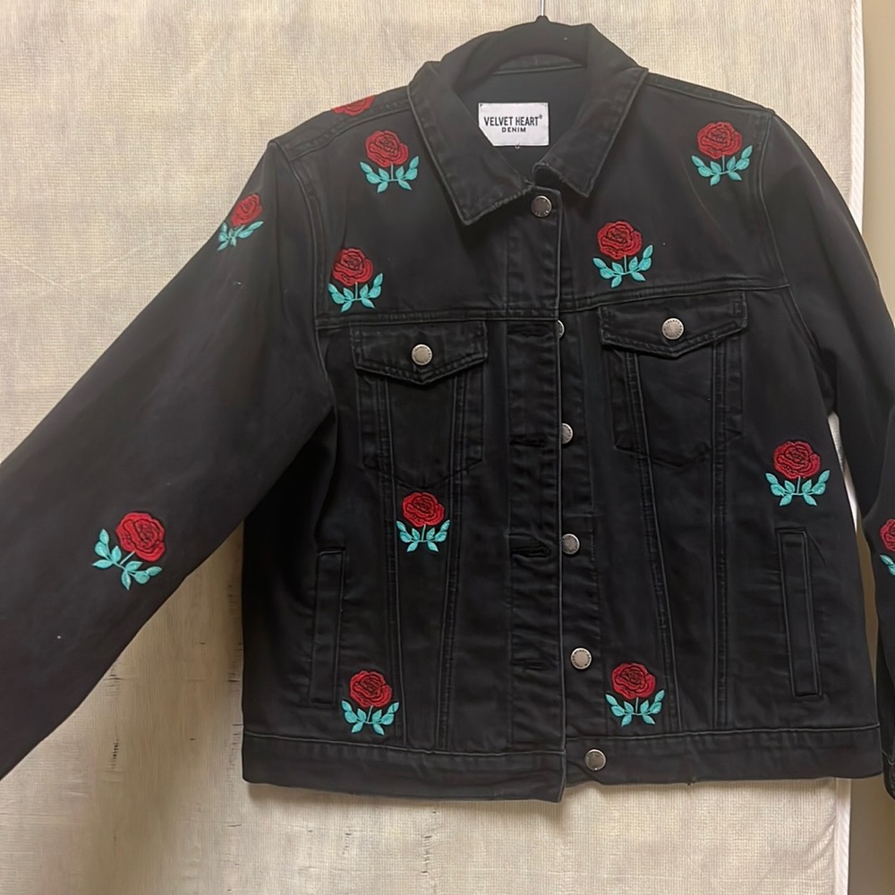 Black jean jacket with roses